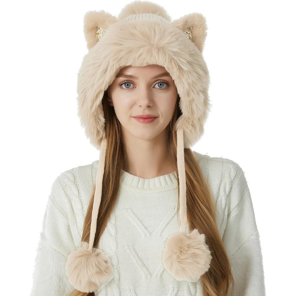 Women Beige Solid Winter Peruvian Cover Ears Beanie Hat Ear Flaps Sherp Ski Snow